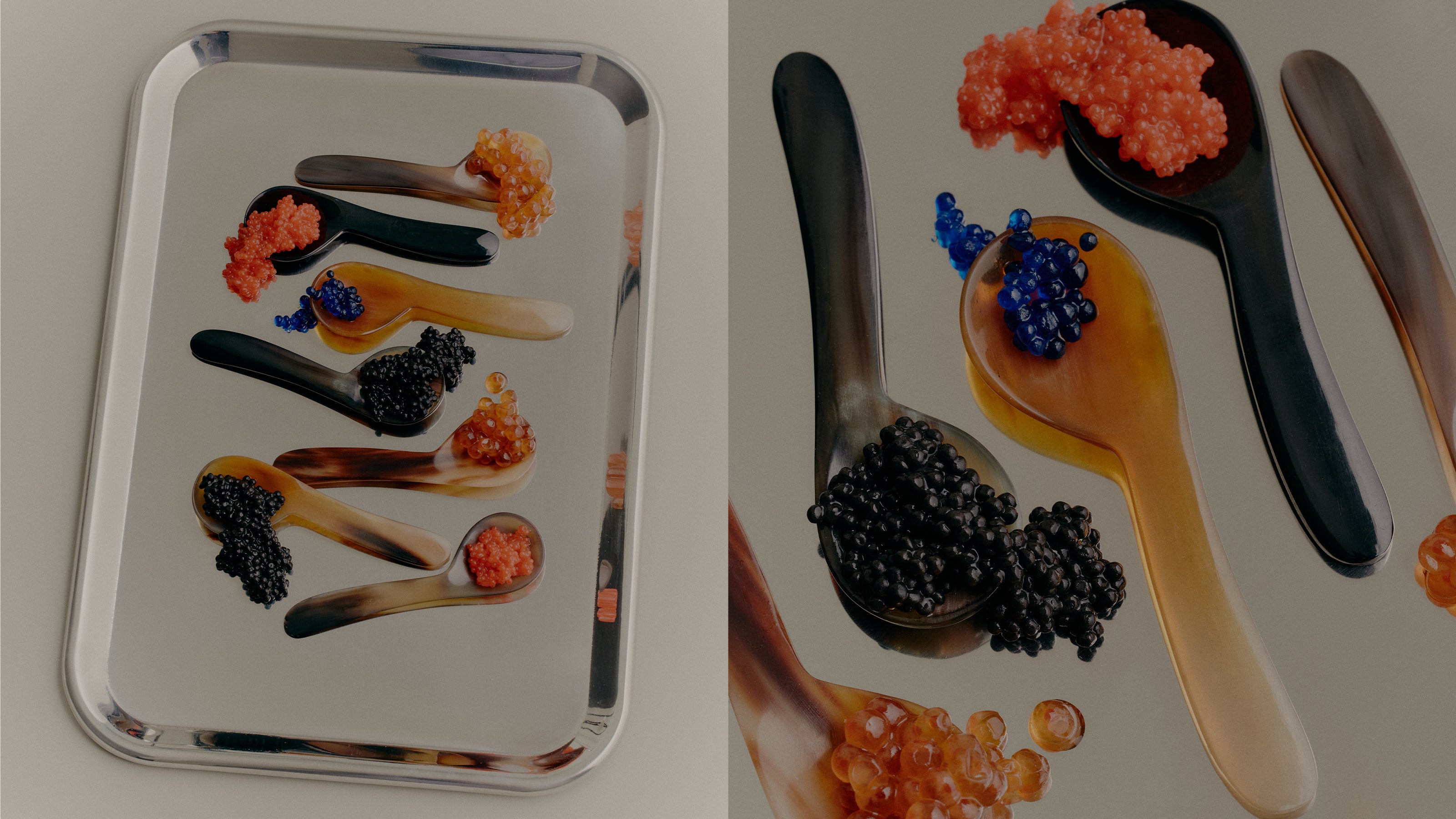 COREY ASHFORD L’Apéritif - hand-sculpted horn caviar spoons with black, salmon and blue roe on a polished tray and mirrored surface