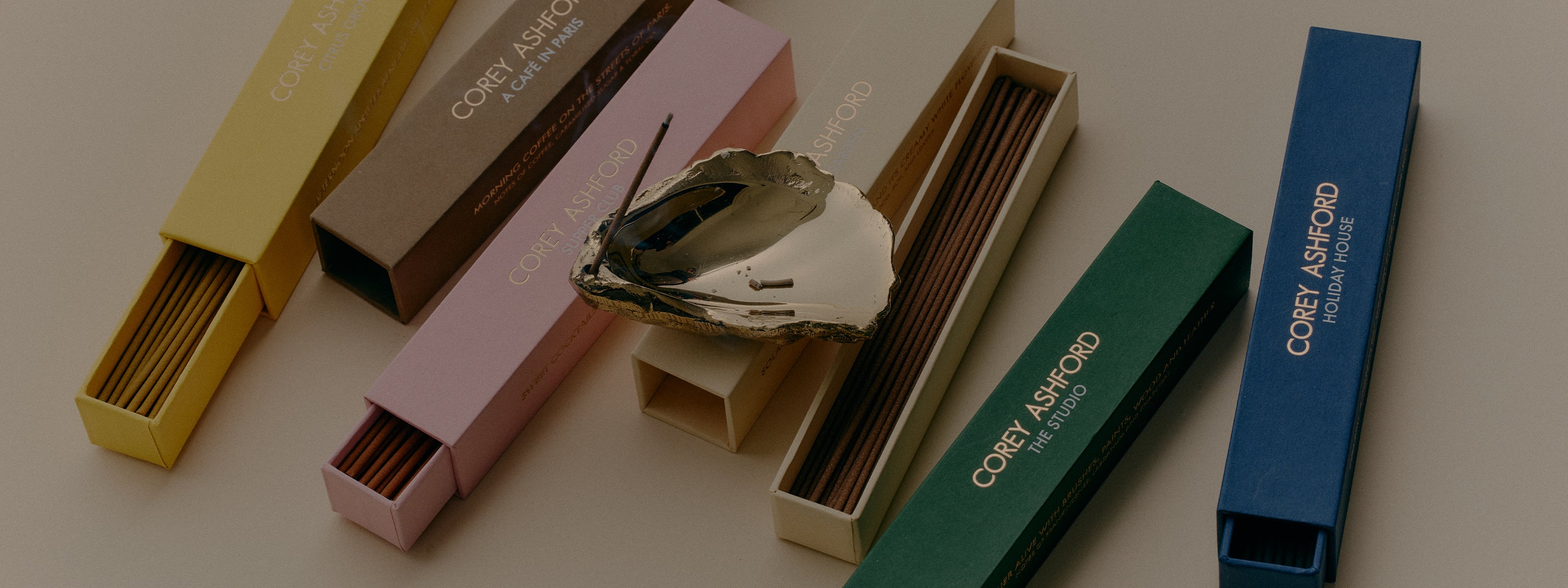 Corey Ashford Japanese incense collection styled with sculptural brass oyster holder showcasing luxury homeware design.