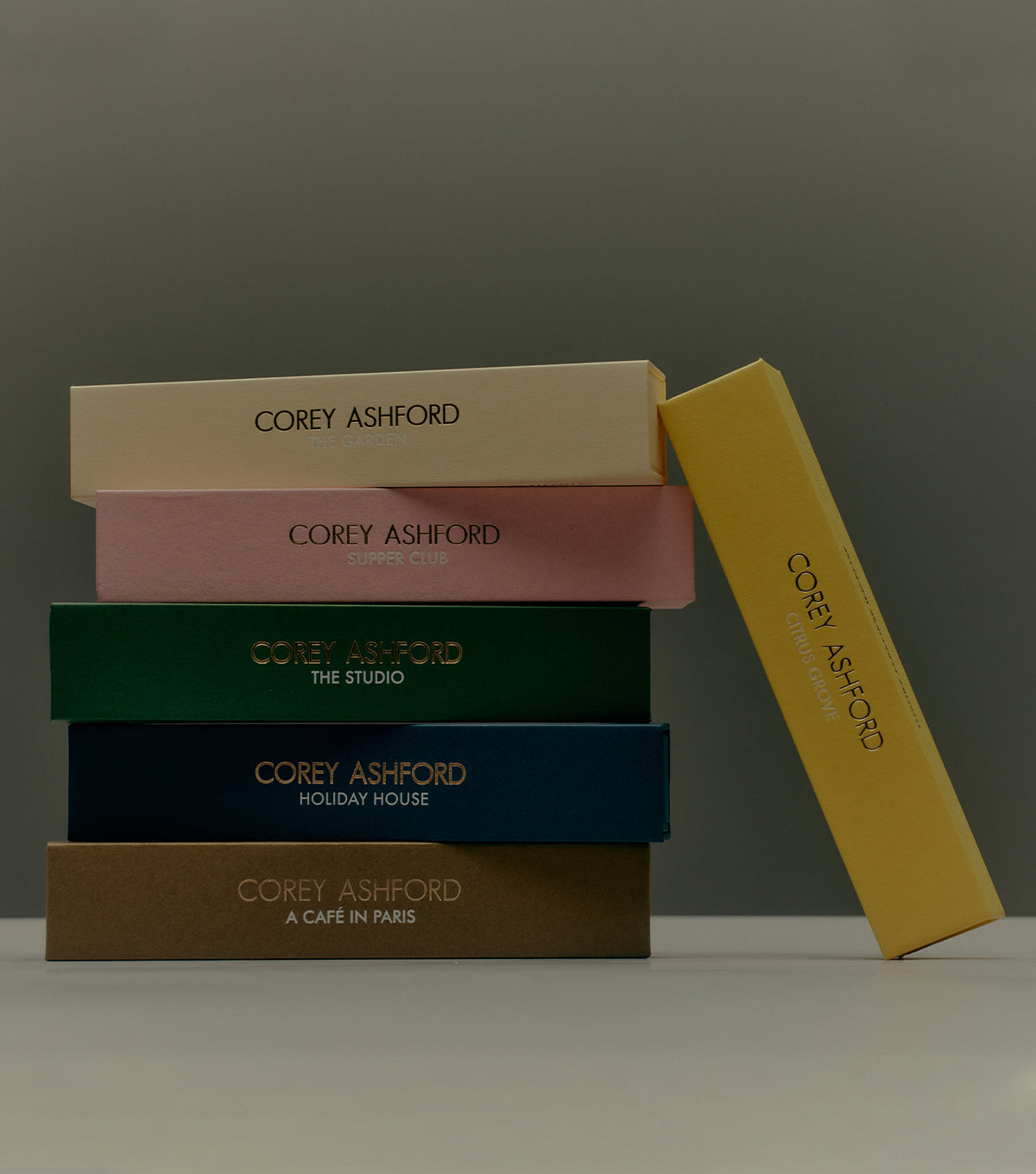 Corey Ashford Japanese incense collection featuring colourful packaging designs including The Studio, Holiday House, Citrus Grove, Supper Club, The Garden and A Café in Paris.